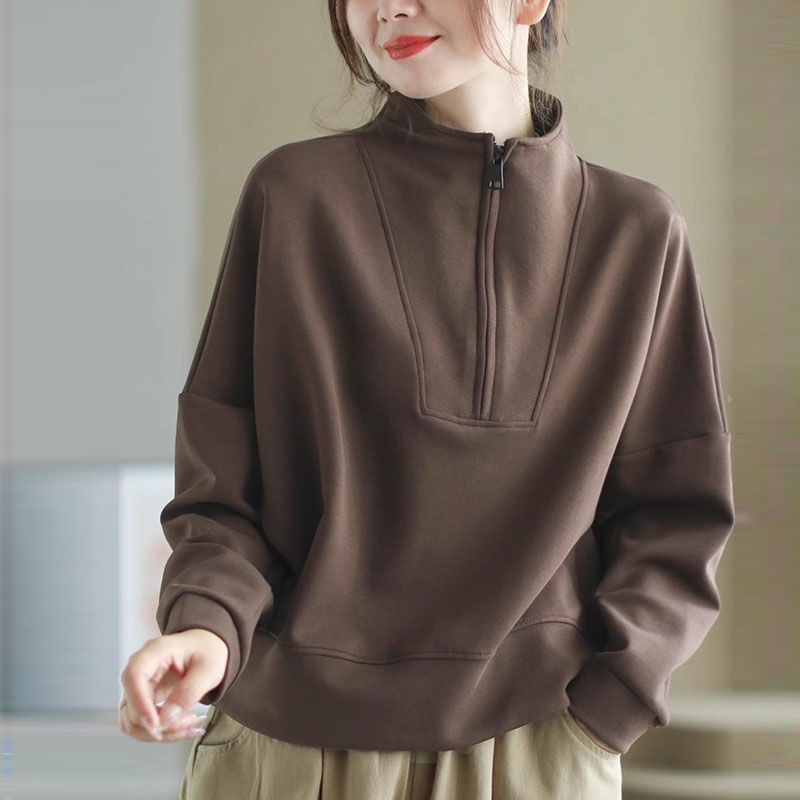 Sweat-shirt à col montant et demi-zip pour femme, couleur unie, doux, à manches longues, pull décontracté et confortable pour femme, collection printemps