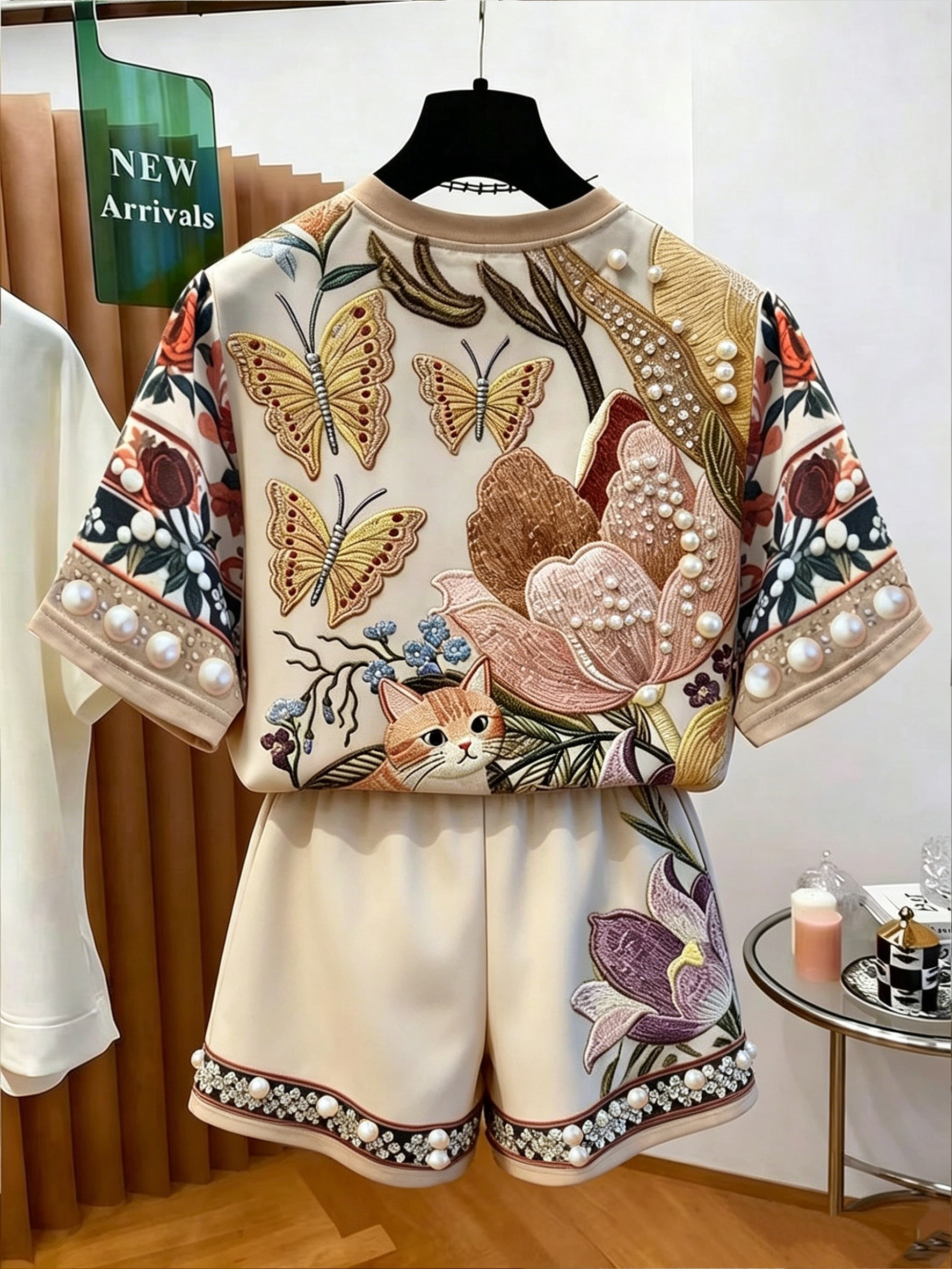Tenue décontractée d'été pour femmes : haut à manches courtes élégant à imprimé floral, papillon et chaton + short ample, ensemble deux pièces, adapté aux sorties décontractées d'été, vêtements polyvalents