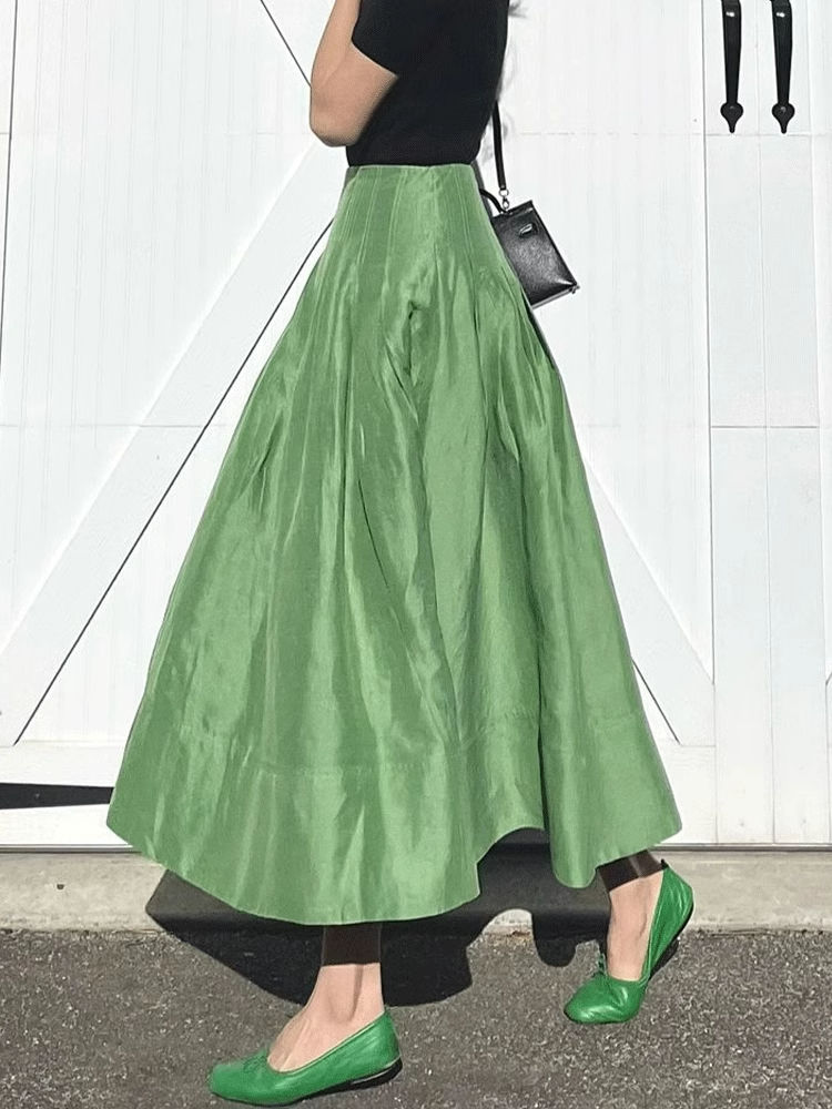 Faldas Mujer Moda rétro tempérament vert taille haute mince grand parapluie jupes poche femmes plissé longue décontracté