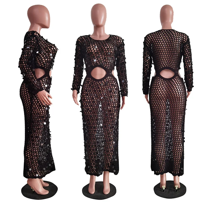 Robe de plage tricotée au Crochet à paillettes pour femmes, Sexy, transparente, Cover-Up, moulante, Maxi, robes de soirée, Club de vacances, été