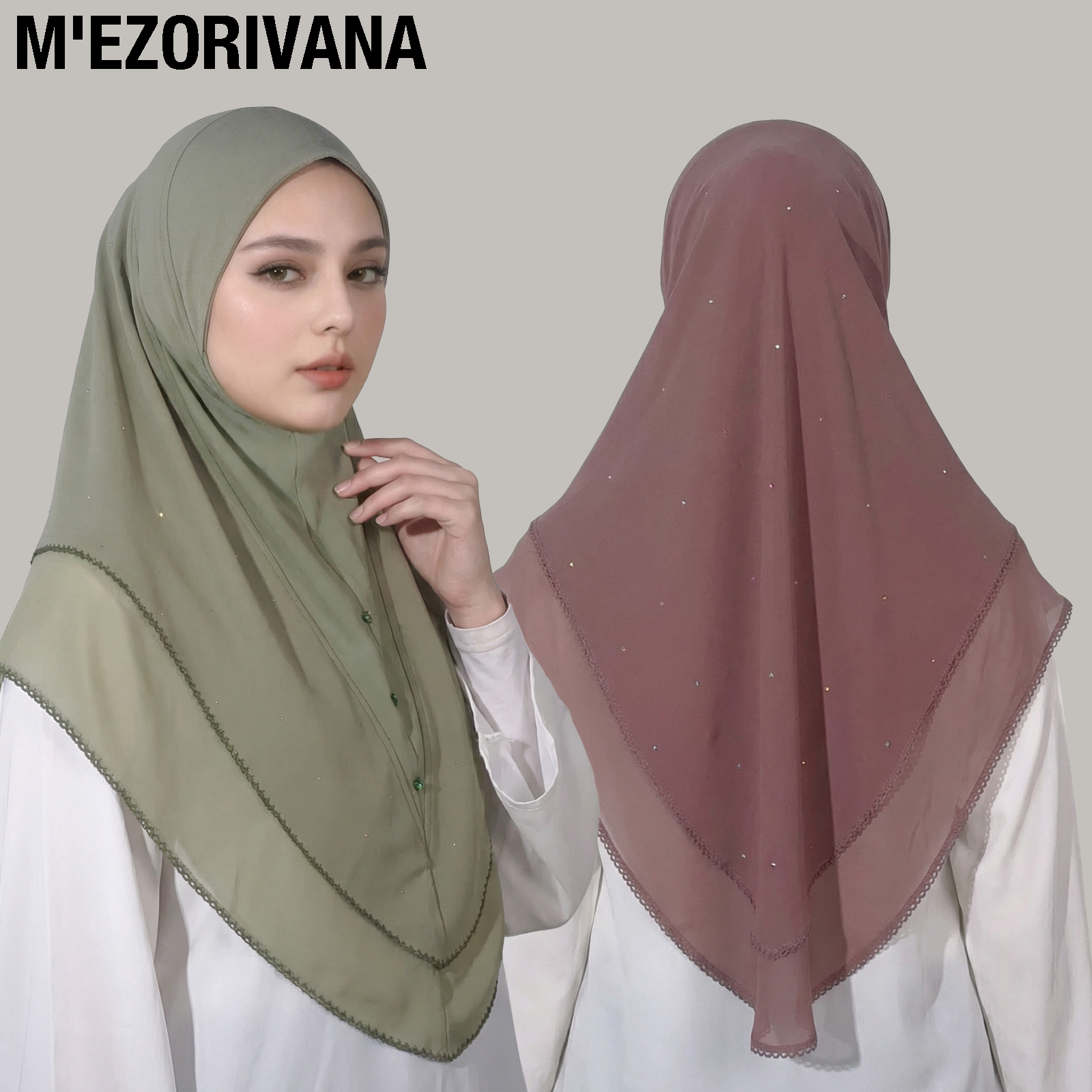 1 Hijab instantané pour femme musulmane, design à double couche en mousseline de soie avec motif étoilé orné de diamants, élégant, décontracté, tendance et magnifique, pratique à porter, adapté pour les occasions telles que le Ramadan et les cadeaux de l'Aïd.