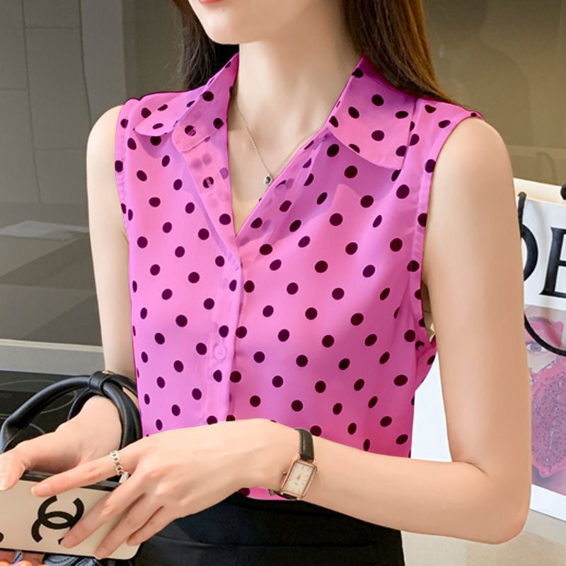 Chemise en mousseline de soie imprimée à pois pour femmes, chemisiers précieux, col polo, bouton, mode coréenne, été, 2024