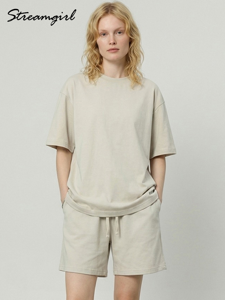 Ensembles de shorts blanc cassé pour femmes, tenues d'été, shorts et t-shirts en coton surdimensionnés, ensembles deux pièces pour femmes