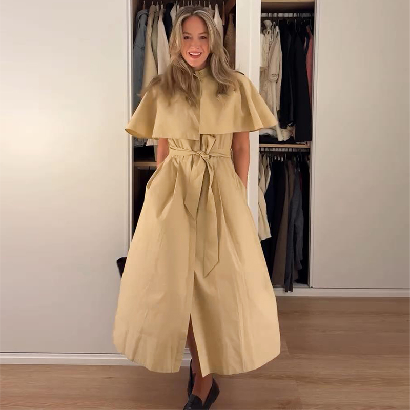 Robe chemise pour femme style cape, col rabattu, col montant, taille définie, coupe A-line, robe longue, vêtement de mode quotidienne.
