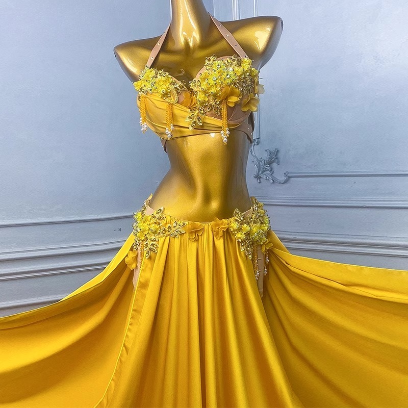 Vêtements de danse du ventre personnalisés, costume de Performance pour femmes, nouvel ensemble de vêtements de danse orientale, robe d'entraînement, vêtements indiens pour femmes, jaune, 2025
