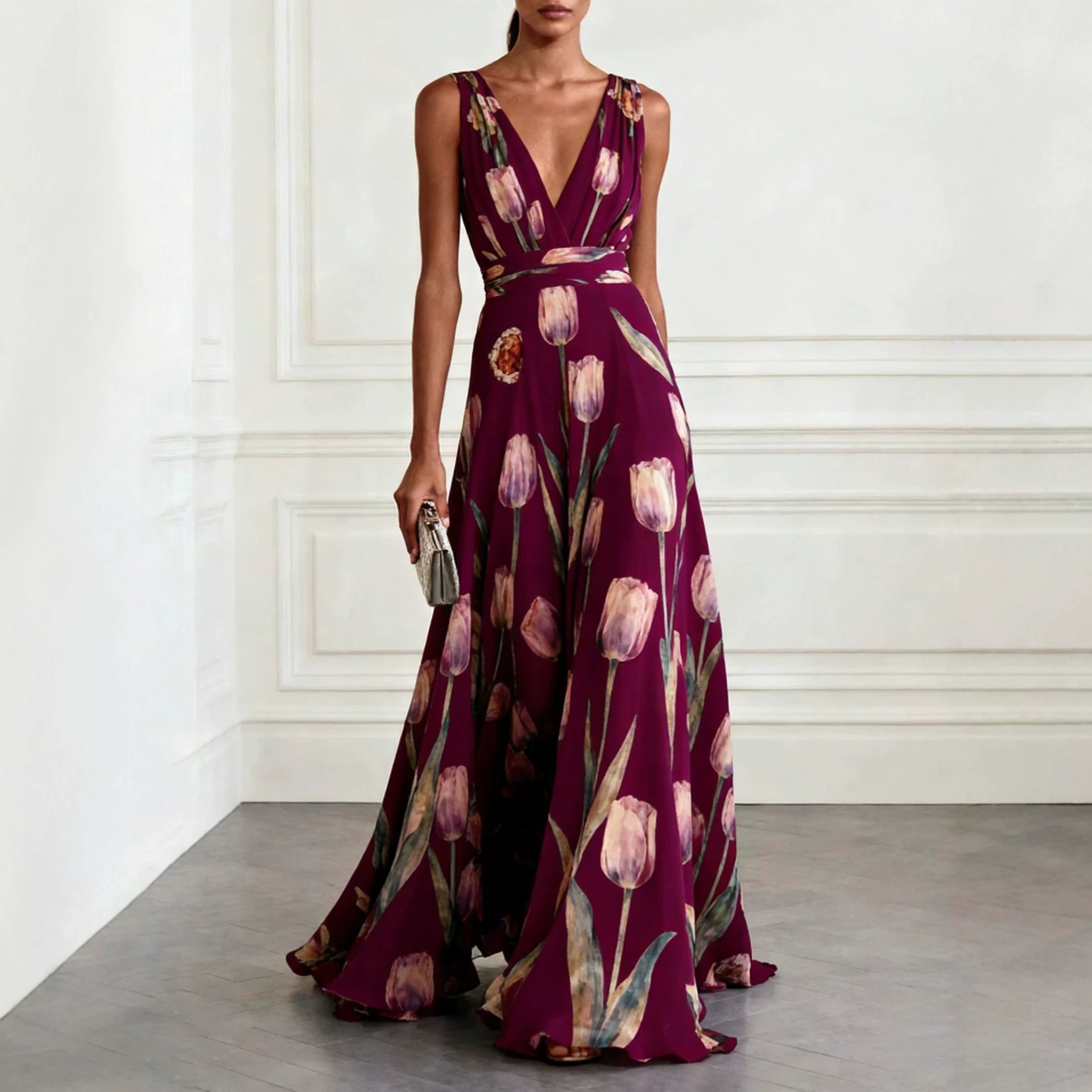 Robes pour femmes 2026 Nouvelle robe de soirée à imprimé tulipes sans manches col en V longue robe vêtements pour femmes vestidoes