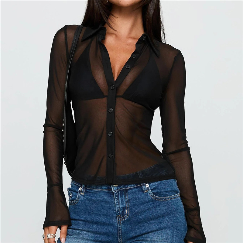 Chemises à boutons transparentes hirigin pour femmes, chemisier à manches longues en maille transparente, chemise à boutons sexy, hauts pour sortir, streetwear