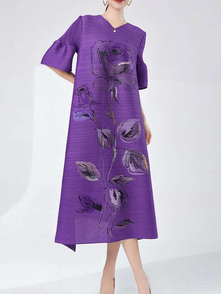 LANMREM-Robe plissée à col en V et manches lanterne pour femme, vêtement élégant de styliste avec impression florale, nouvelle collection été 2024, 2DA7893