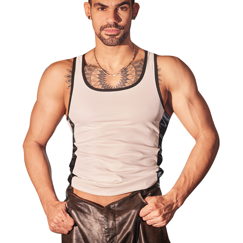 Gilet de sport pour hommes, collants Sexy brillants à l'huile, Fitness, haut en cuir musculaire, sous-vêtements Ultra élastiques, chemisier brillant à l'huile, maillot de corps
