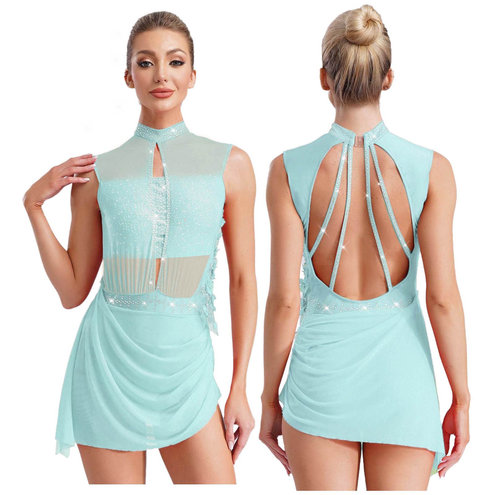 Robe de danse de patinage artistique pour femmes, justaucorps à fleurs appliquées, Costume de danse lyrique, sans manches, dos nu, robe superposée en maille transparente