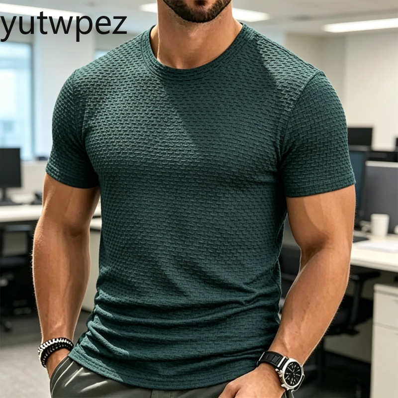 T-shirt Homme Haut de Gamme en Soie Glacée et Maille, Manches Courtes, Col Rond, Été, Demi-Manches, Couleur Unie, Sportif, Léger