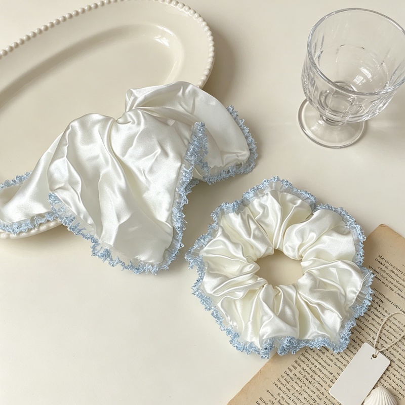 Élastiques à cheveux pour femmes en satin blanc, style foulard carré, avec garniture en dentelle à paillettes bleues, style coréen, doux, pour usage quotidien et queue de cheval