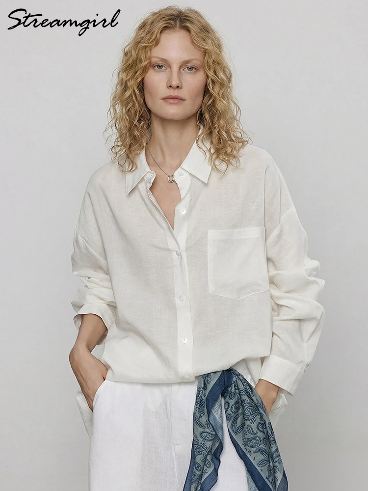 Chemises en lin bleues d'été pour femmes, hauts amples à manches longues, chemise verte pour femme, hauts basiques en lin pour le travail, chemises blanches pour femmes