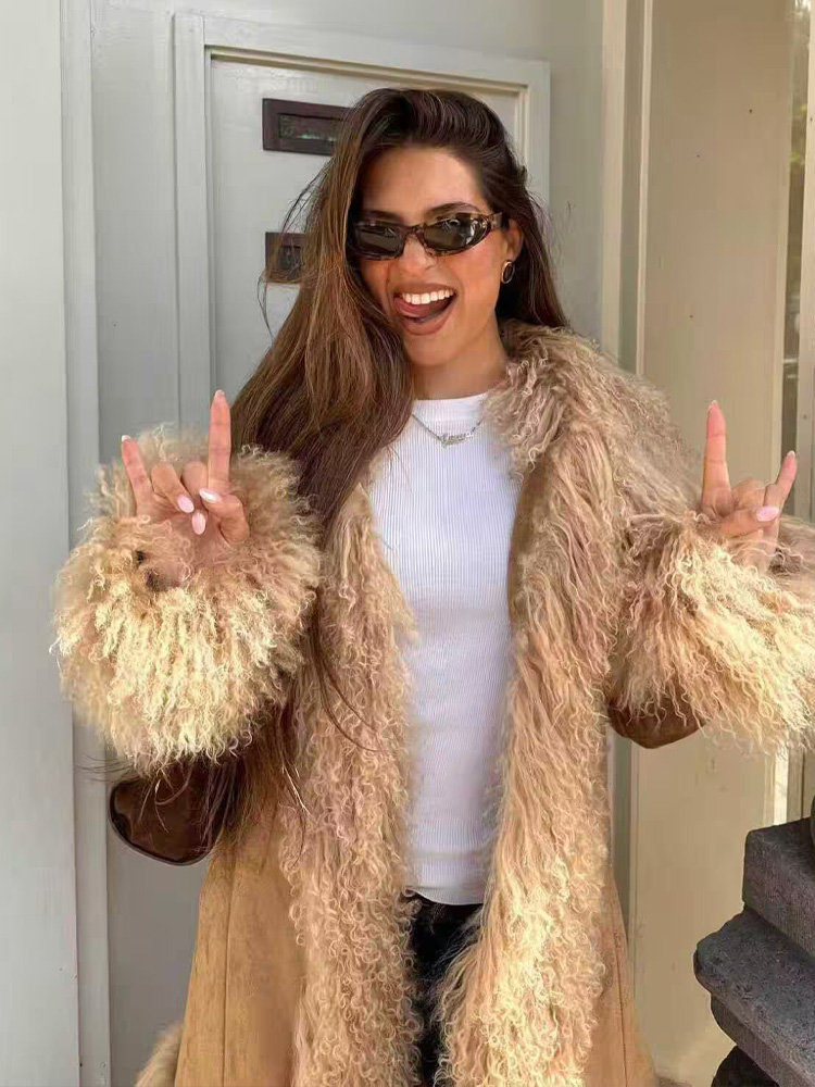 HH femme décontracté manches longues pardessus femme début du printemps tendance mode daim fourrure épissage Shaggy décoration manteau de longueur moyenne