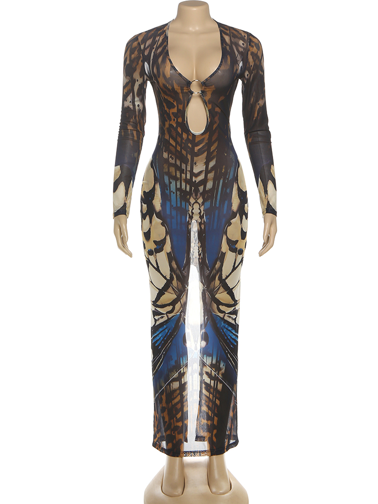 Nibber Papillon Imprimer Robe Femme Anneau En Métal Creux Col Bas Plein Manches Diviseurs Robe Minuit Élégant Sexy Faashion Robes