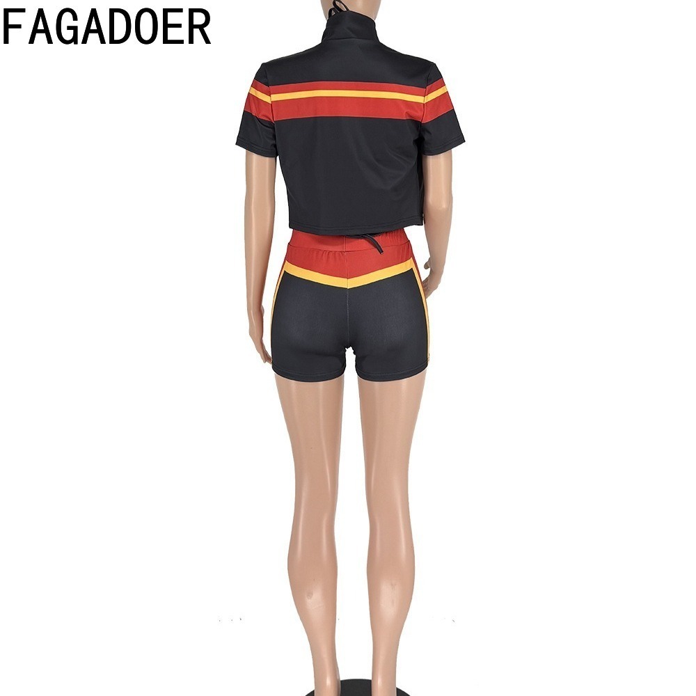 FAGADOER mode 2 pièces ensembles femme tenues couleur bloc manches longues veste + débardeur et short survêtements femme Streetwear