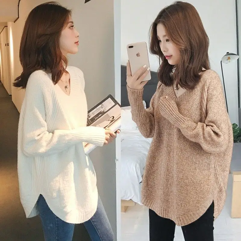 Pull Surdimensionné en Cachemire à Col en V pour Femme, Vêtement Doux, Mode Coréenne, Harajuku, Automne et Hiver