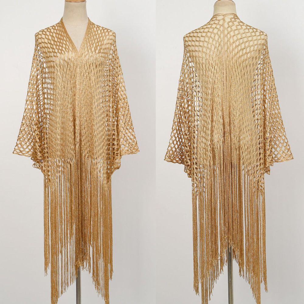 Châle en tulle pour femme, style mode, à franges et patchwork, ajouré et brillant, écharpe d'été, cardigan à col en V, cape de soirée et de bal, cosplay