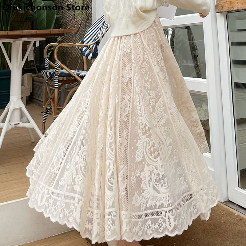Jupes longues Maxi pour femmes printemps été coréen mignon Style princesse élastique taille haute a-ligne jupe en dentelle florale blanc noir