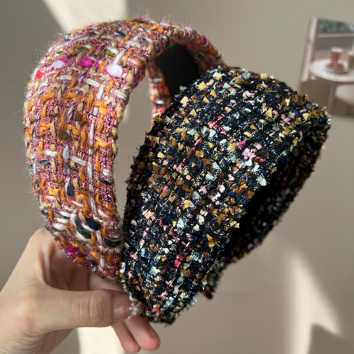 Bandeau tricoté en Tweed de couleur mixte, 188CM, antidérapant, fait à la main, pour atelier de Paris, usage quotidien, accessoire pour cheveux antidérapant