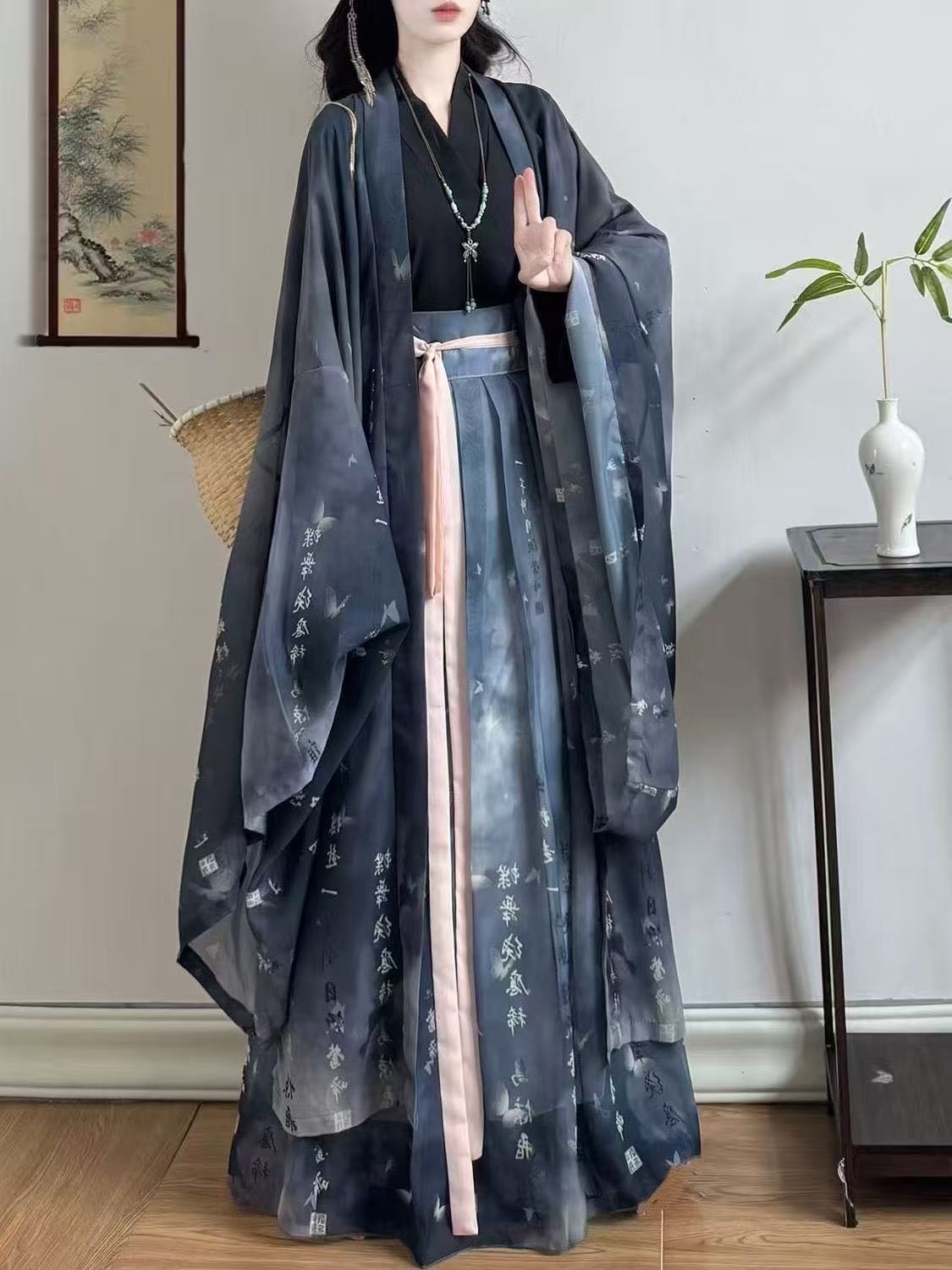 Robe Hanfu originale pour femmes, Costume traditionnel de la période Weijin, chemise confortable en mousseline de soie à manches longues, ensemble jupe, Costume de danse sur scène