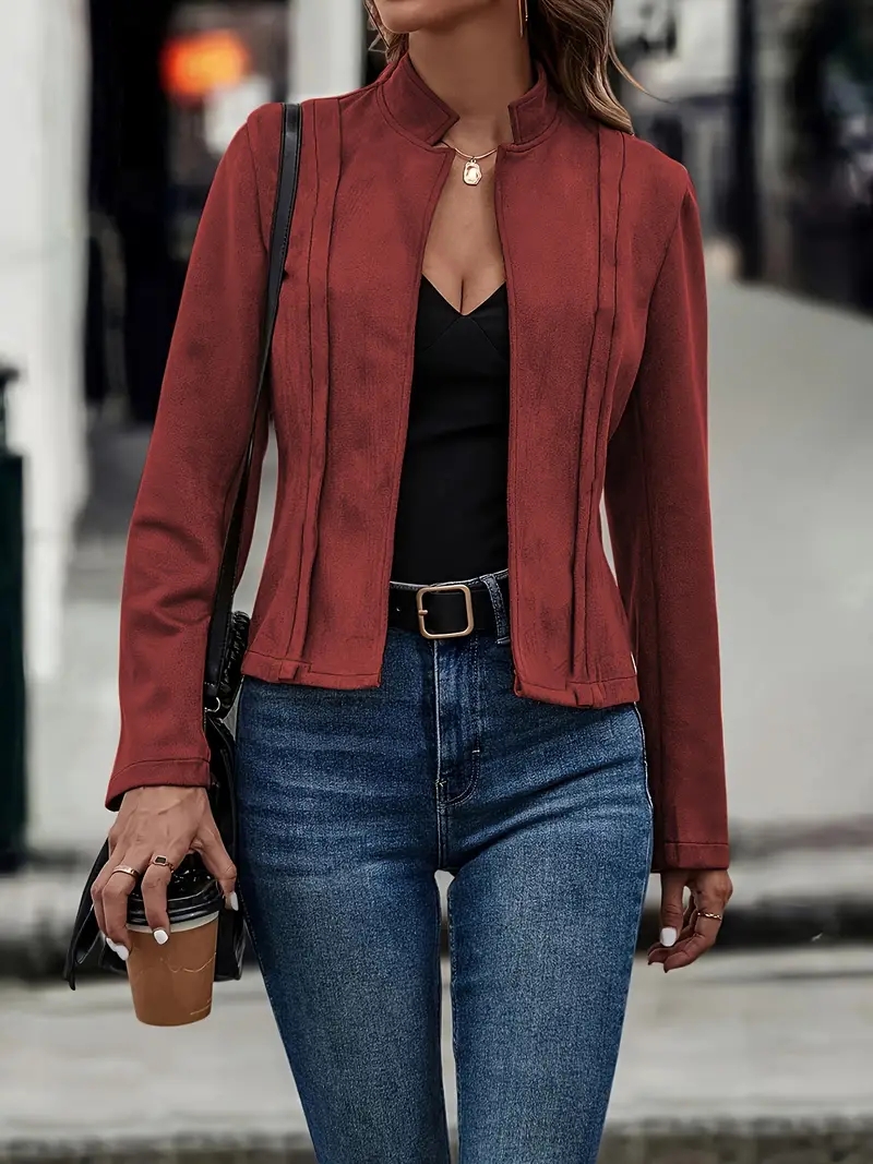 Veste courte en daim pour femme, col montant, ouverte sur le devant, avec détail plissé, pour l'automne et l'hiver, style décontracté