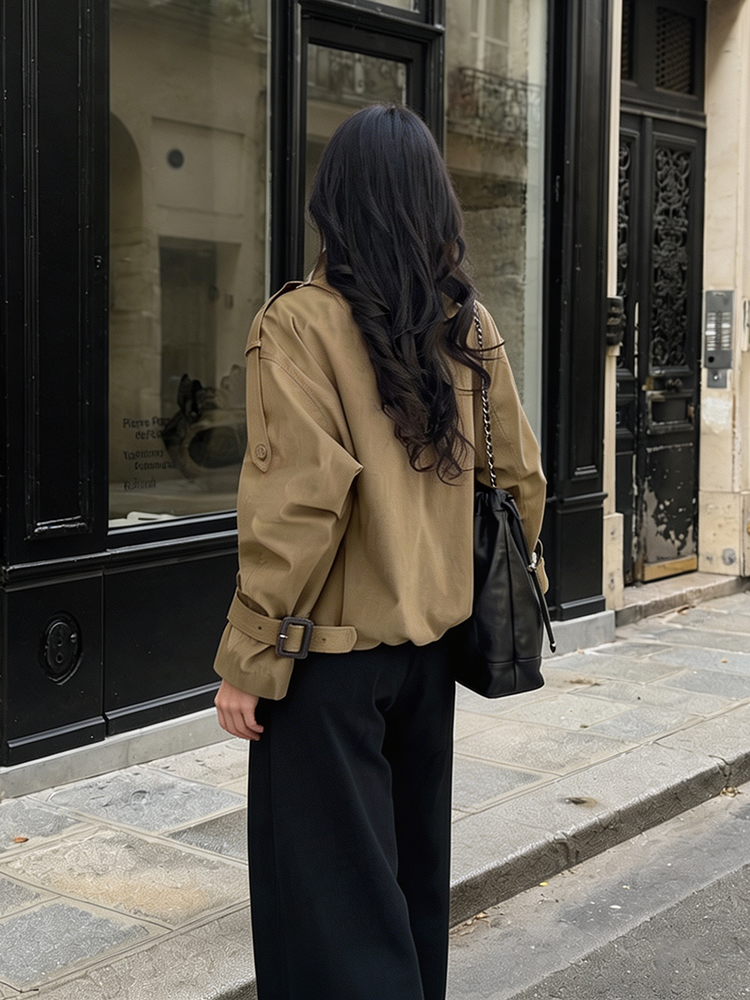 Veste Trench Courte Utilitaire pour Femme, Coupe Décontractée, Col Montant, Épaulettes, Double Boutonnage, Manteau Court, Vêtement d'Extérieur Urbain