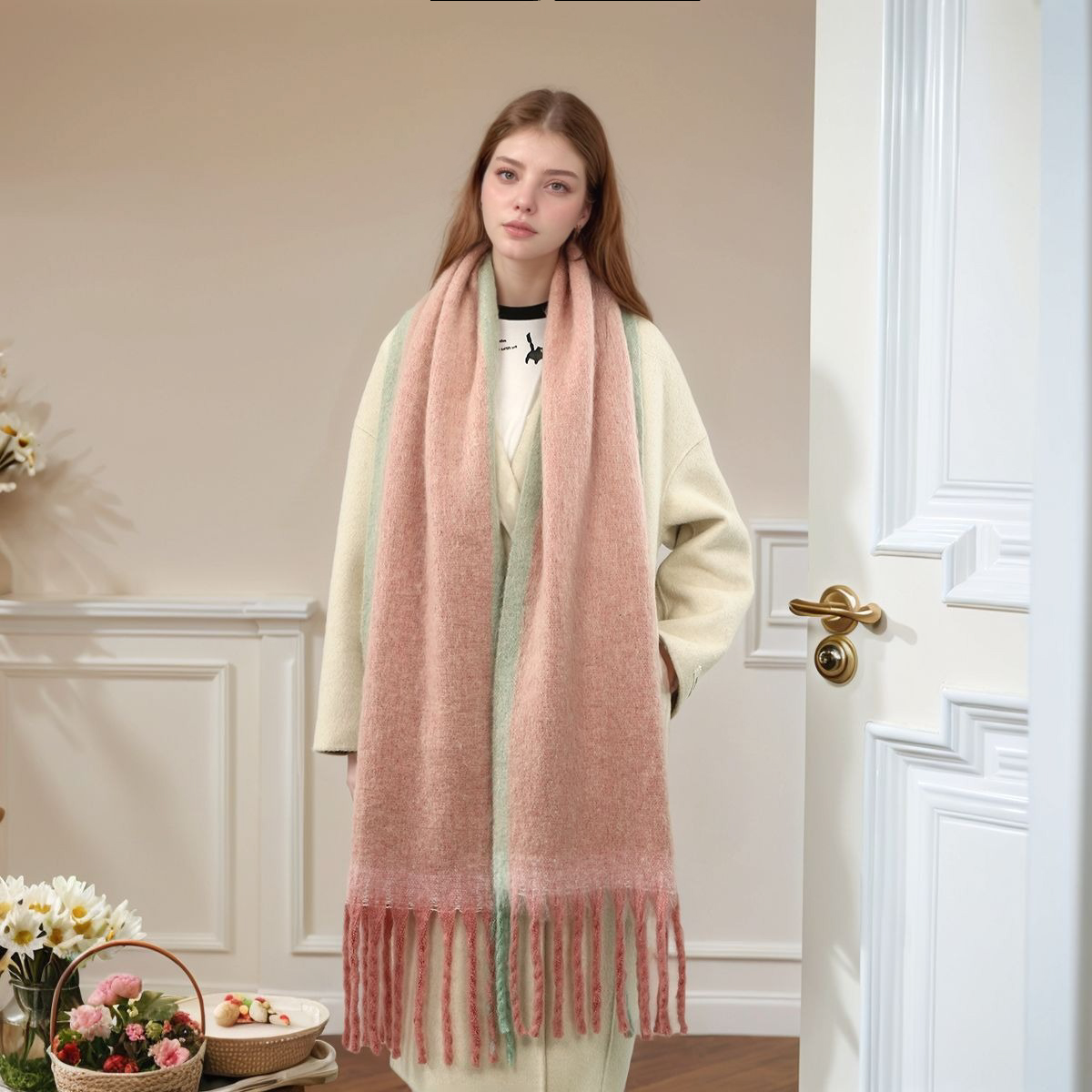 Écharpe coréenne en cachemire rayé pour femme, châle chaud et épais en Mohair, à la mode, avec pompon, Protection du cou, 200x40cm, hiver