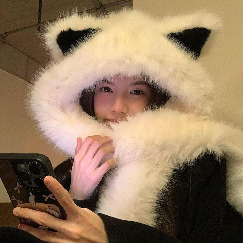 Mignon renard oreille moelleux chapeau écharpe chaud épais en peluche à capuche écharpe pour les femmes hiver coupe-vent Protection oreille chapeau Lei Feng chapeaux