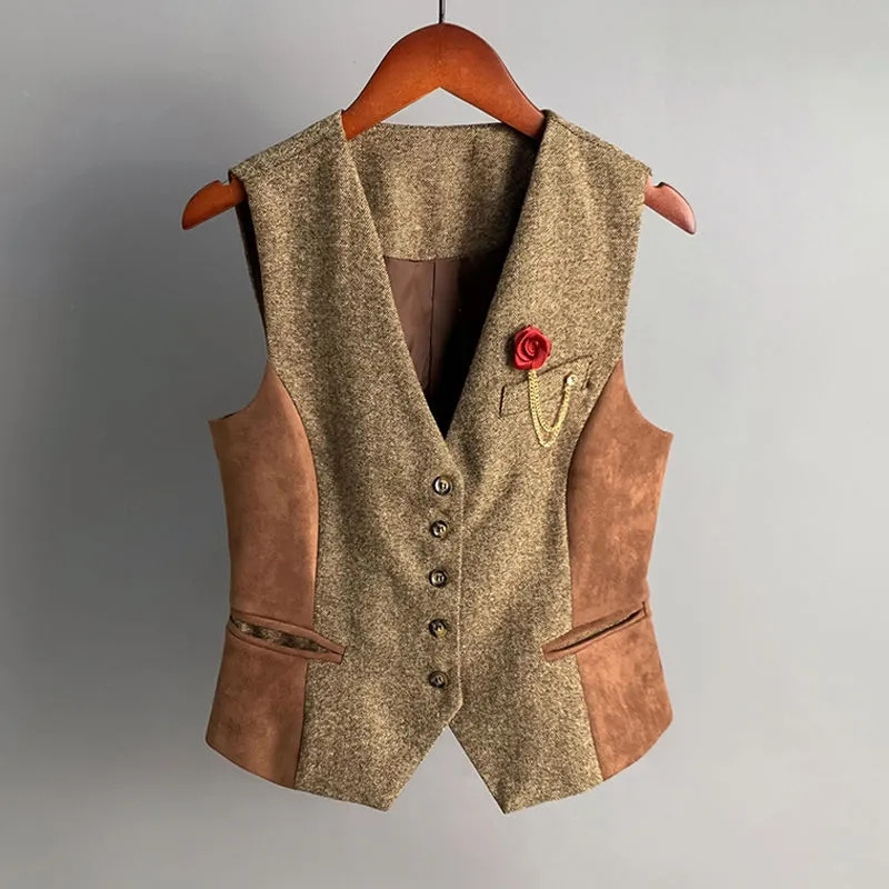 2025 mode printemps automne daim épissé laine gilet femmes court gilet col en v sans manches veste dame décontracté hauts mince manteau
