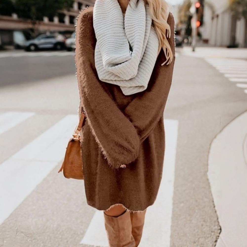 Robe pull en fourrure pour femmes, pull ample et pelucheux, hauts longs, ample, col rond, mode automne, Mini robe courte
