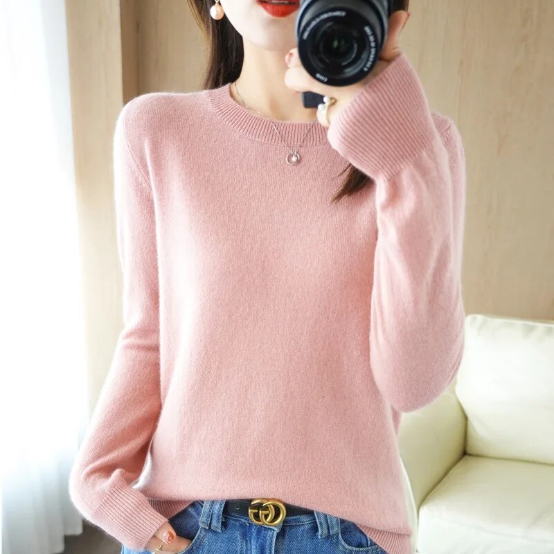 Pull-over col rond pour femme, chaud et décontracté, style coréen, collection automne-hiver, tricot basique, chemise de base 2026