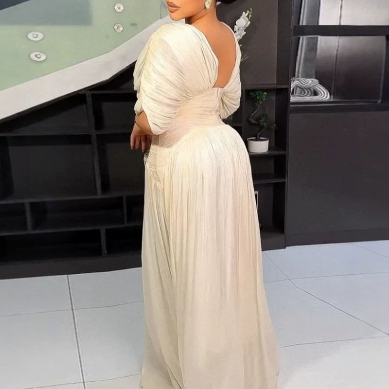 Robe longue décontractée pour femme, col en V, taille haute, drapée, dos nu, plissée, manches chauve-souris, couleur unie, Printemps 2026, Été