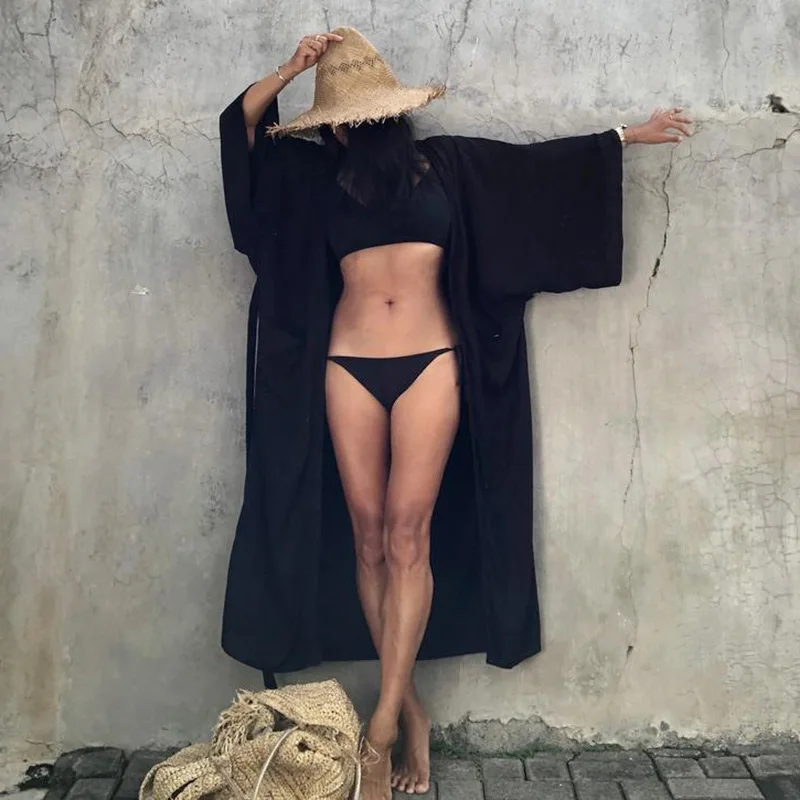 Robe de Plage Longue avec Ceinture pour Femme, Kimono Sexy, Cardigan d'Été, 5 Couleurs Unies