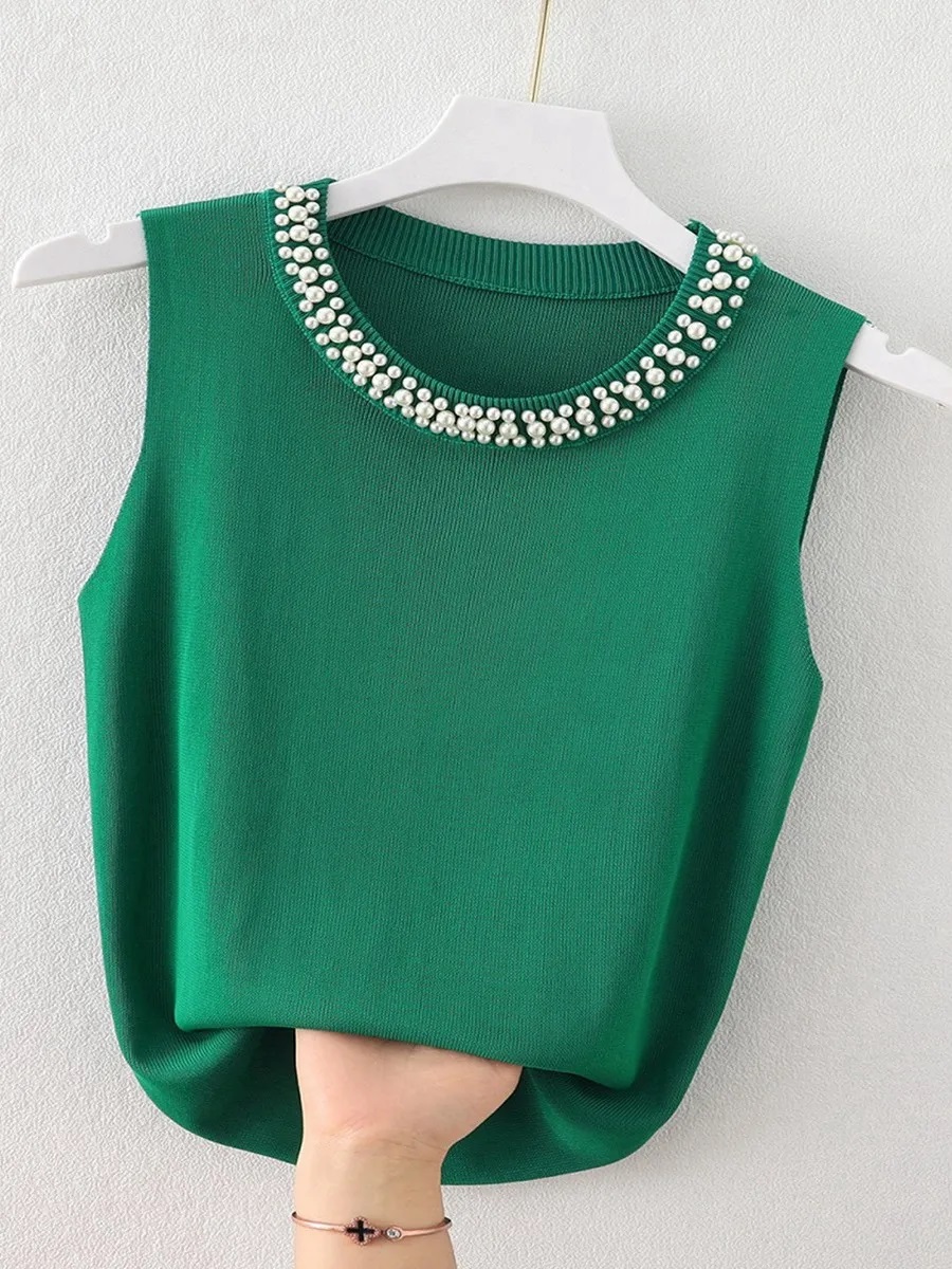 Corée tricoté gilets femmes haut solide réservoir Blusas Mujer De Moda été nouvelle mode femme sans manches perles décontracté mince hauts