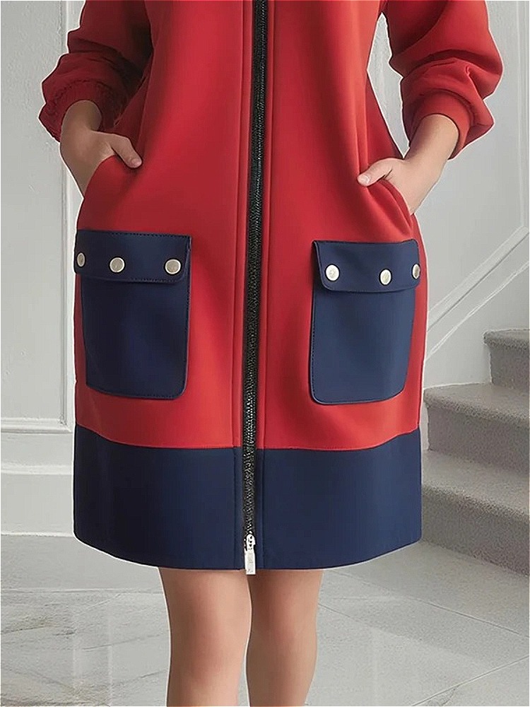 Modigirl contraste couleur manches longues robes pour femmes hiver printemps 2025 nouveau élégant rouge poches fermeture éclair femme Midi tenue décontractée
