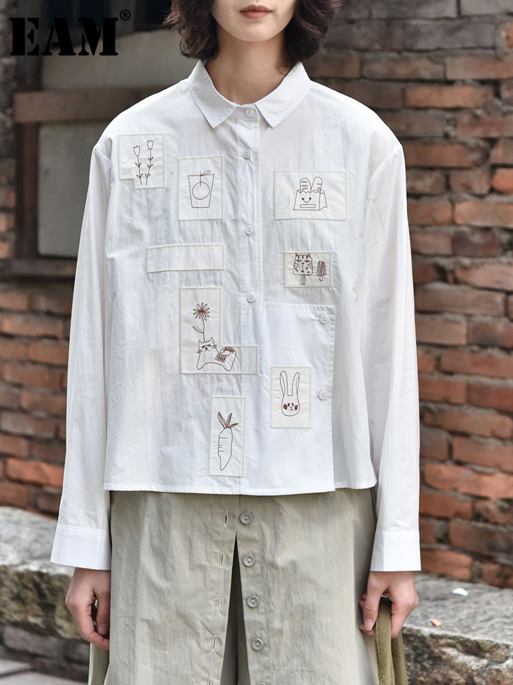 [EAM] Nouvelle Blouse Décontractée Grande Taille pour Femme avec Broderie Blanche, Col Revers, Manches Longues, Tendance Mode Pr
