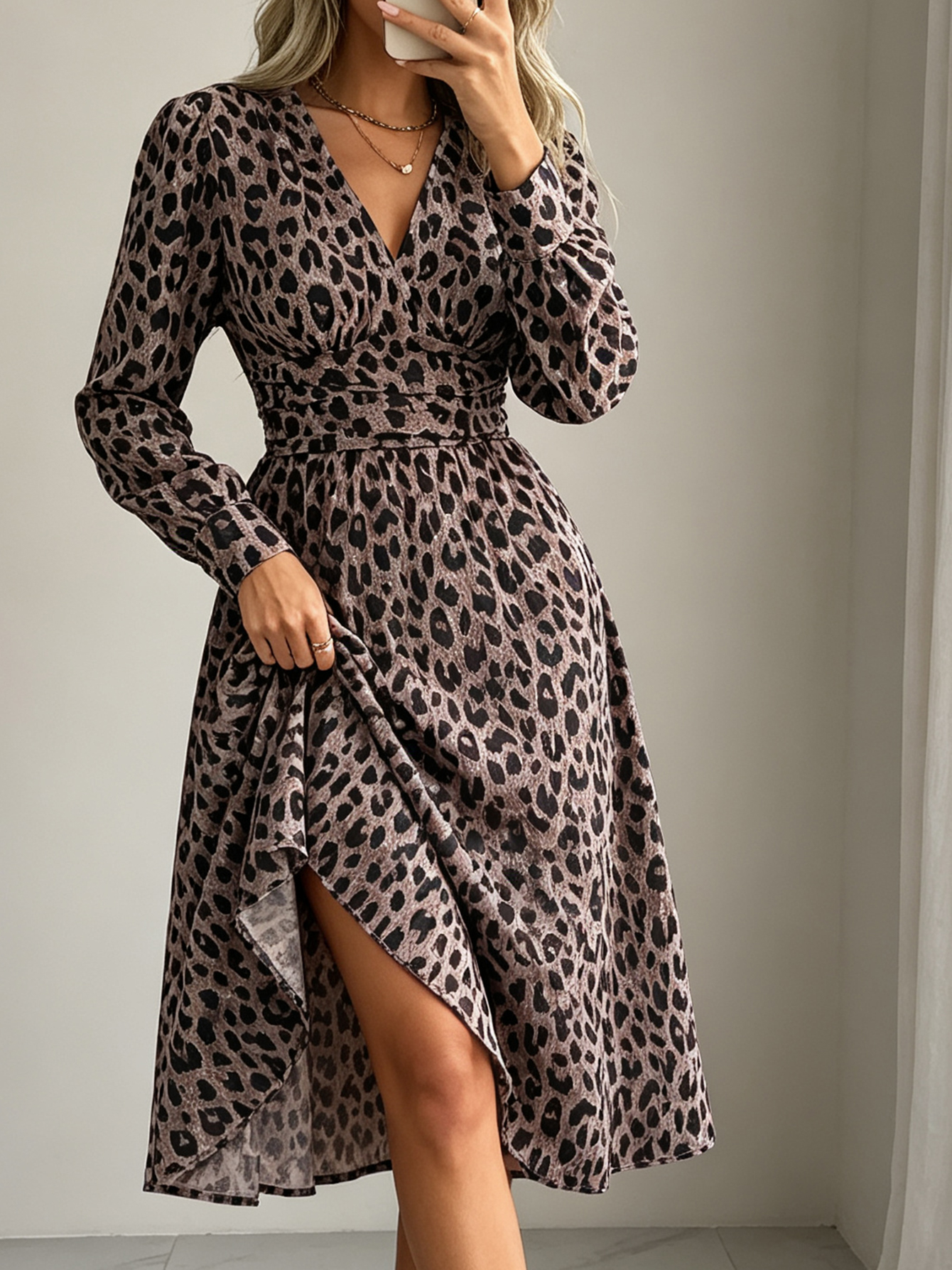 Robe midi à imprimé léopard pour femme, manches longues, col en V, élégante, polyvalente, tissée, toutes saisons, pour le travail, les fêtes