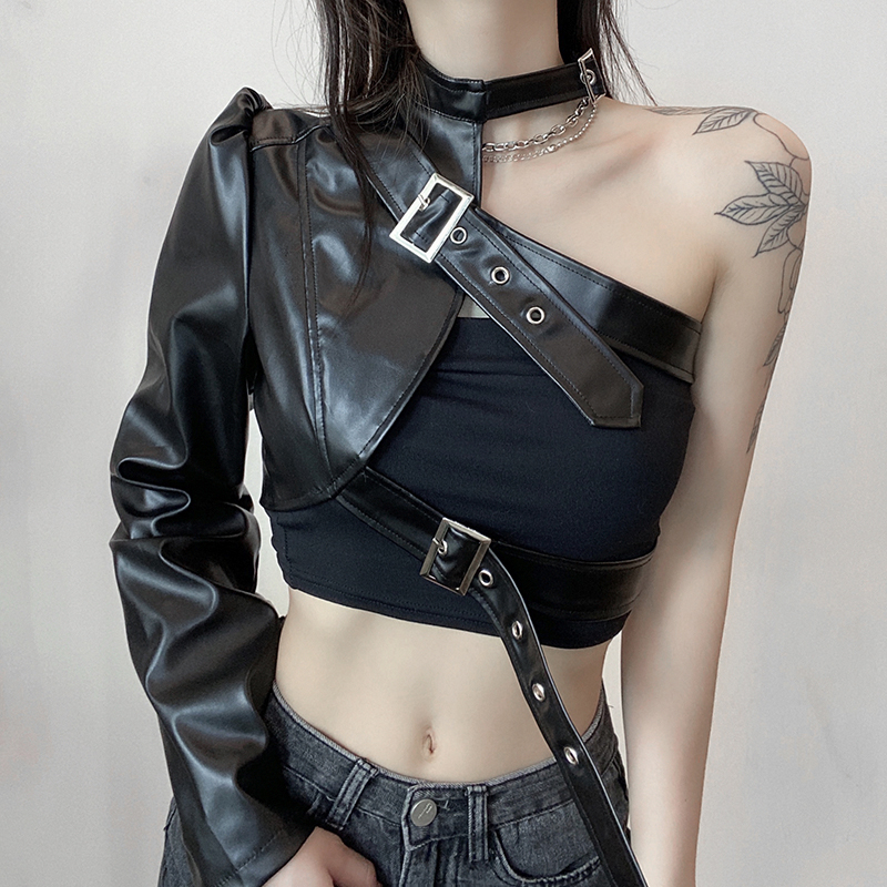 Haut court Style Punk pour femmes, Cool, manches longues, cintre de cou, ceinture en cuir, hauts connectés, vestes Streetwear