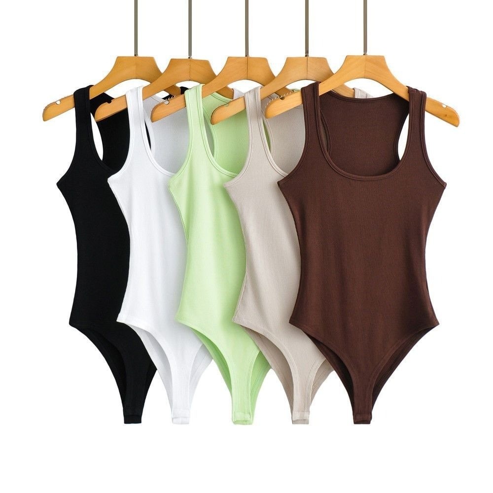 Combinaison Femme Chic à Épaules Dénudées et Col Halter, Bodysuit Uni Sans Manches Extensible Moulant, Haut Décontracté