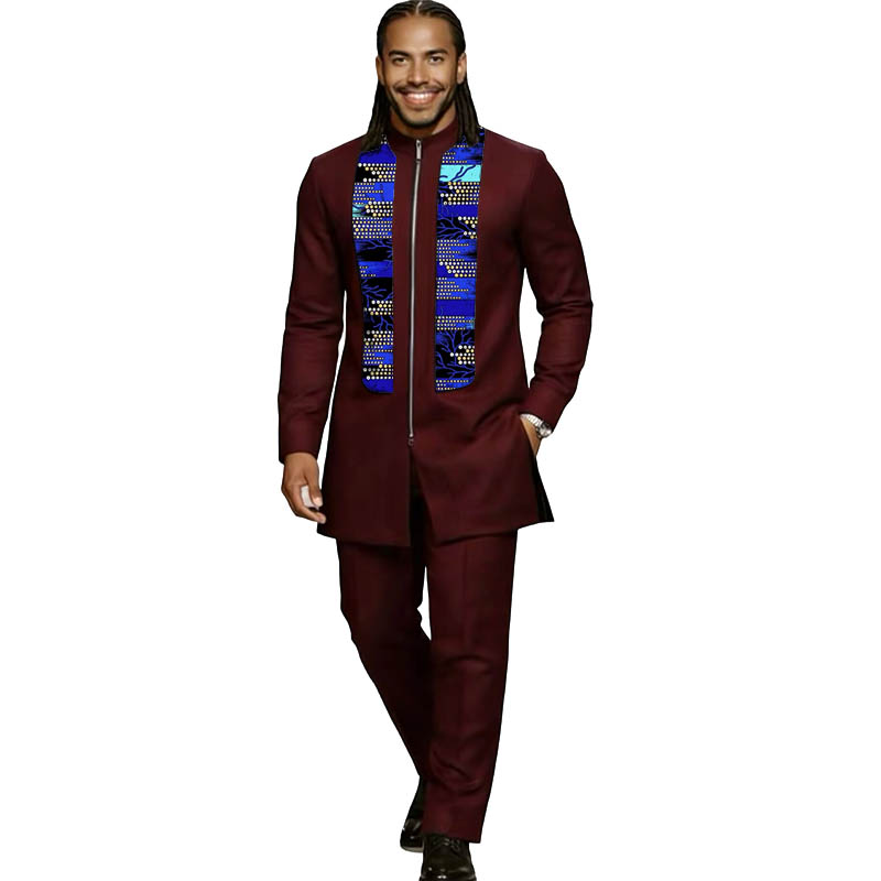 Costume bordeaux élastique pour homme, ensemble de couture africaine, haut à manches longues avec pantalon, costume de scène de mode nigériane