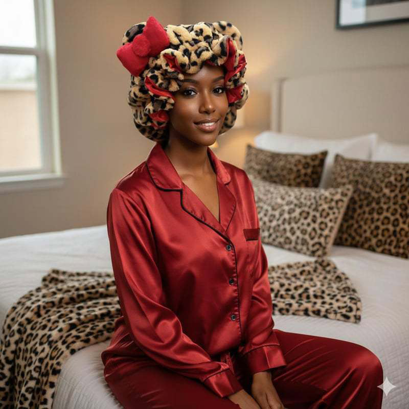 Bonnet de nuit en peluche douce à imprimé léopard, réglable, avec oreilles d'ours et grand nœud, accessoire pour femmes.