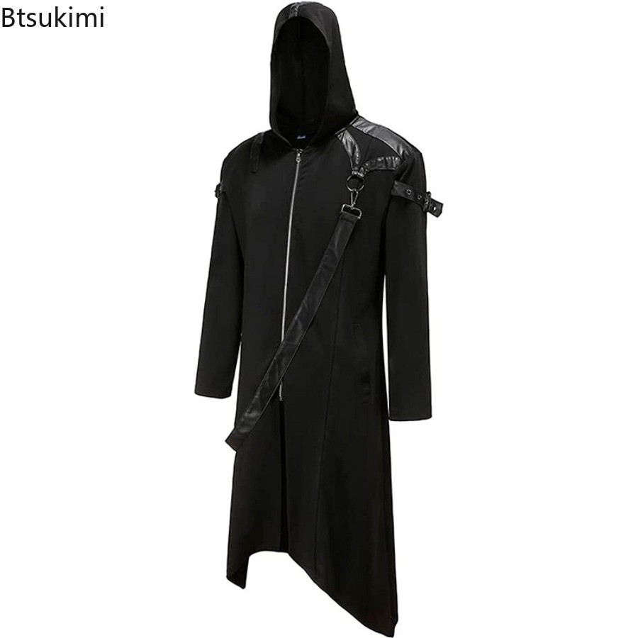 Costume gothique d'halloween pour hommes, automne hiver, fermeture éclair, manches longues, veste à capuche à bretelles, Cosplay médiéval, tenues de fête pour jeux de rôle