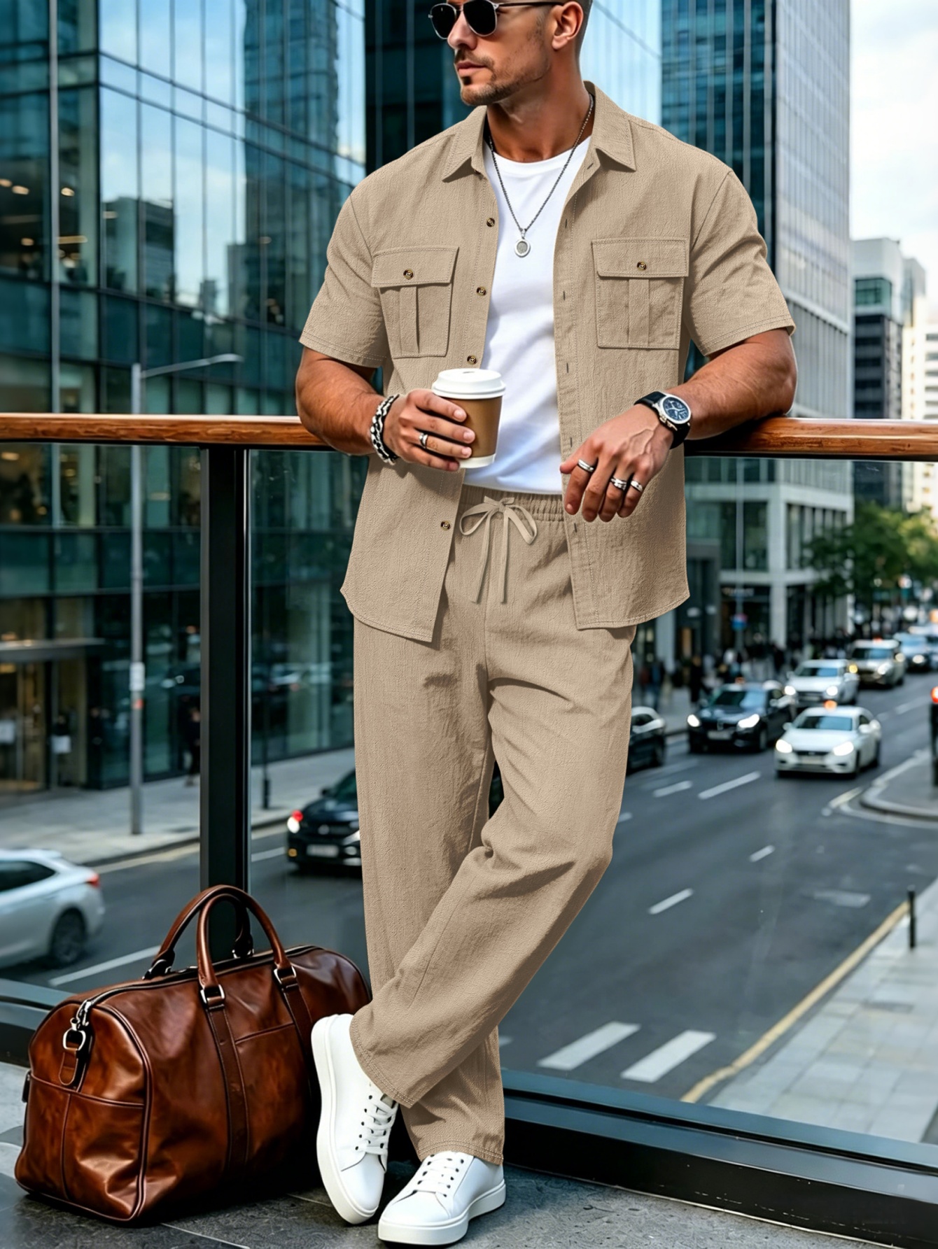 Ensemble chemise et pantalon en coton et lin pour homme, manches courtes, col rabattu, double poche, style décontracté streetwear