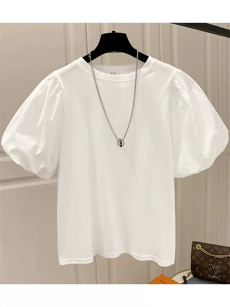 Mujer coton T-shirts pour femmes T-shirts d'été manches bouffantes col rond T-shirts hauts surdimensionnés mode doux blanc T-shirts