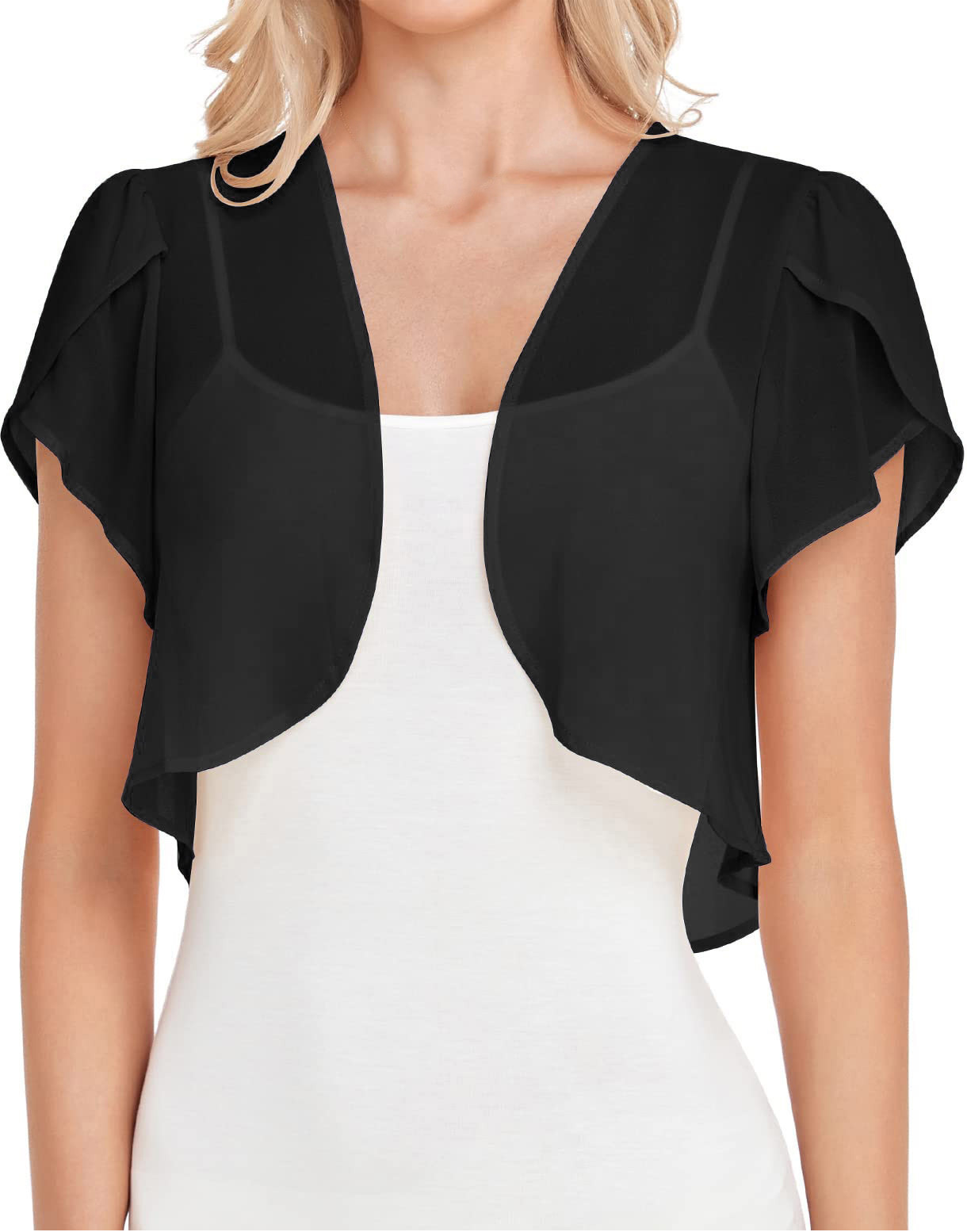 Boléro en mousseline rose pour femme, cardigan élégant à manches courtes et ouvert sur le devant pour l'été, léger et décontracté