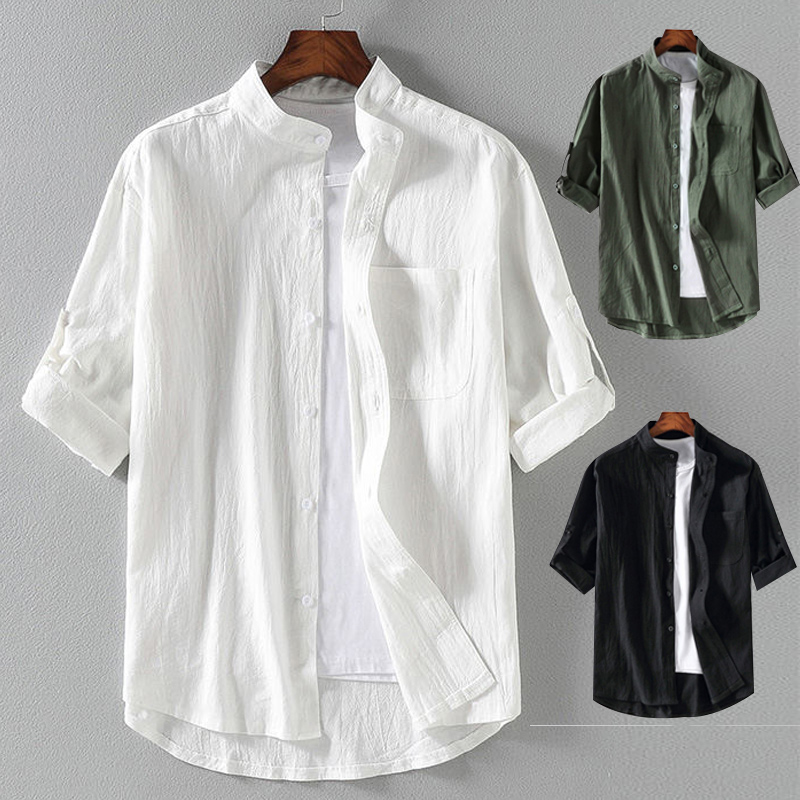Vêtements d'été à manches courtes pour hommes, coton, lin, col montant, cinq points, adaptés aux adultes