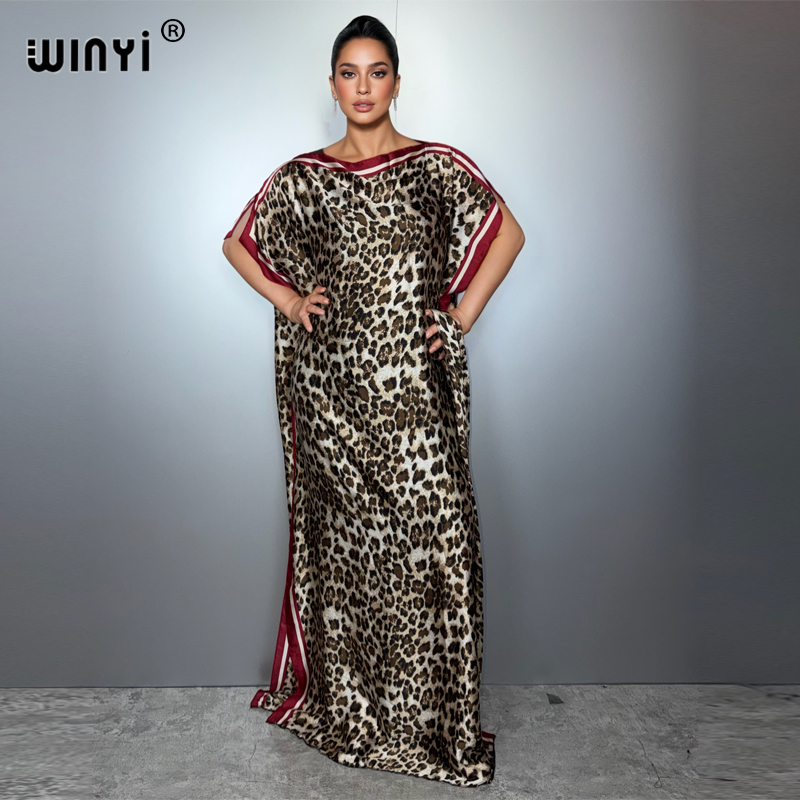 WINYI Robe traditionnelle africaine musulmane pour femme, Abaya Dubaï, Kaftan de luxe, Robe de soirée, Imprimé léopard, Robe longue, Tenue de plage