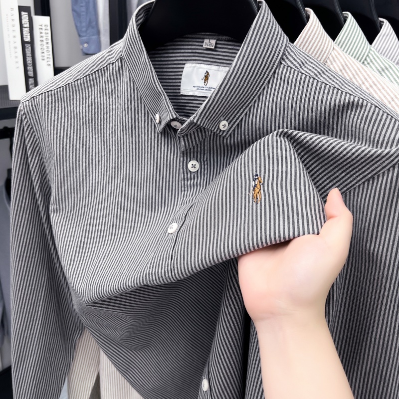 Chemise brodée de luxe pour homme, 100 % coton doux, manches longues, col à revers, rayures color block, haut tendance et polyvalent pour homme