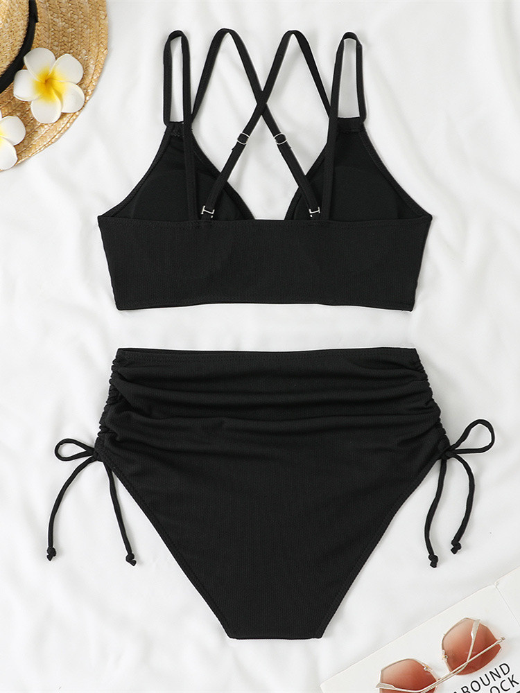 Maillot de bain deux pièces pour femme noir à double bretelle, push-up, plissé, avec cordon de serrage latéral, taille haute, bikini 2026, tenue de plage